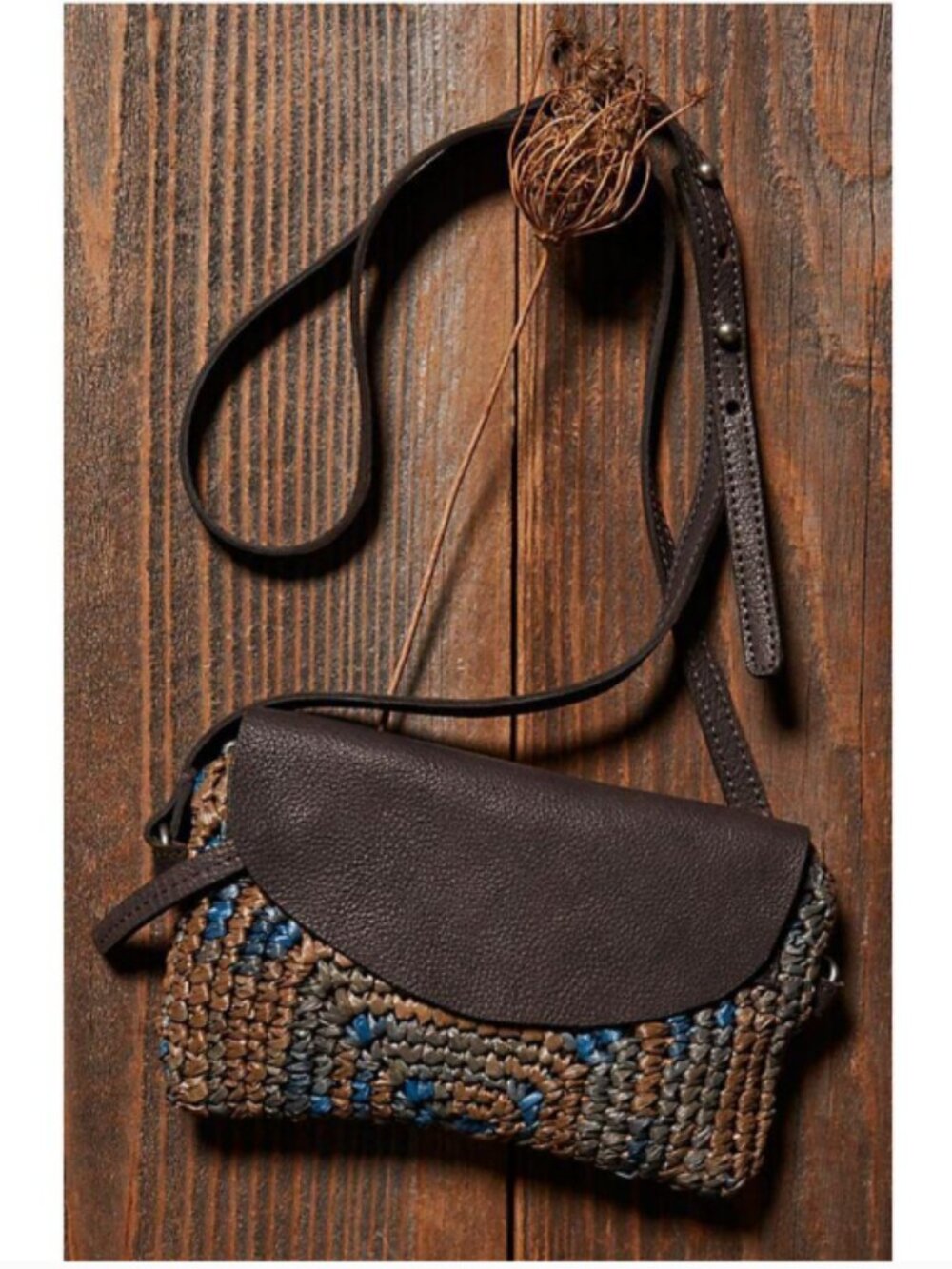 Free People - We The Free Rider Raffia Brown Blue Crossbody Bag One Size - NEW